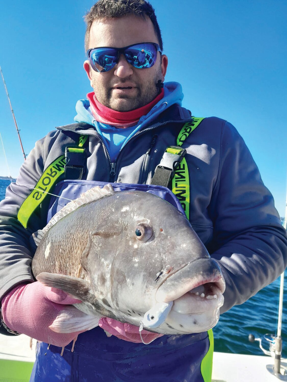 BIG TAUTOG BITE: “Capt. Kurt Rivard of K & M Coastal Charters caught this 14 pound tautog last week with a jig when fishing off Newport,” said Jeff Sullivan of Lucky Bait & Tackle, Warren.  (Submitted photo)
